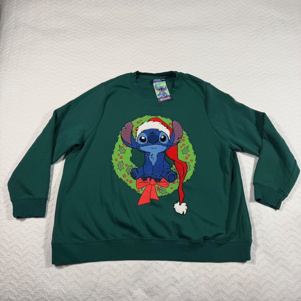 Disney Stitch Christmas Wreath Green Crewneck Sweatshirt Women's 2X Long Sleeve‎